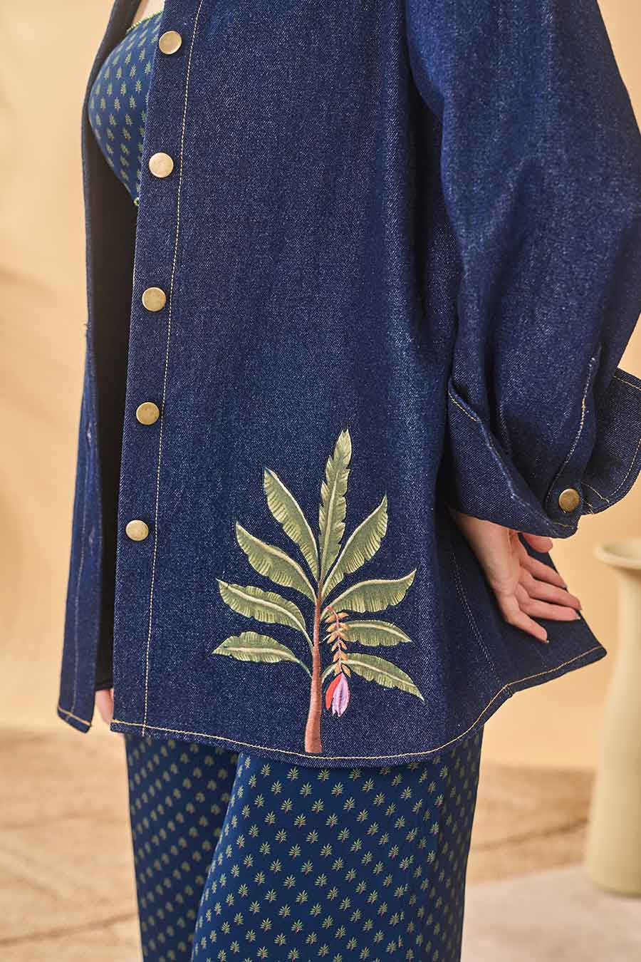 Denim Trellis Palm Patchwork Shirt