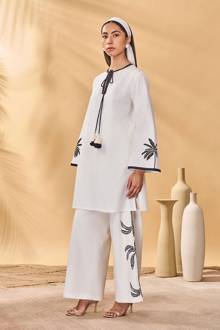 Ivory Trellis Palm Printed Tunic Co-Ord Set