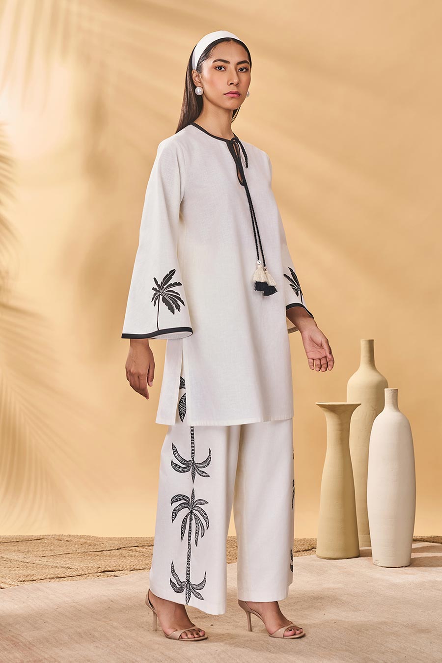 Ivory Trellis Palm Printed Tunic Co-Ord Set