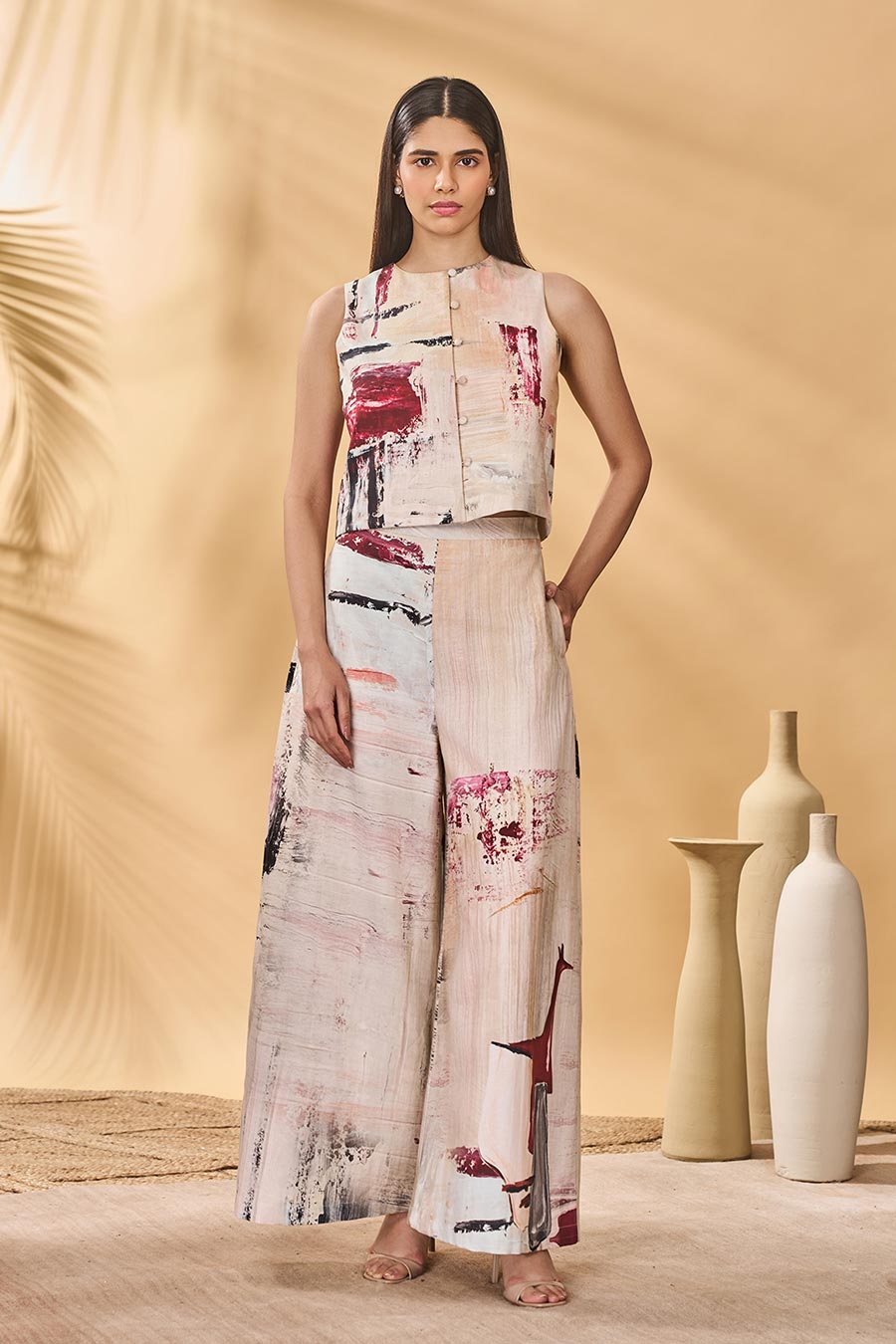 Ivory Chaotic Harmony Printed Co-Ord Set (3Pc)