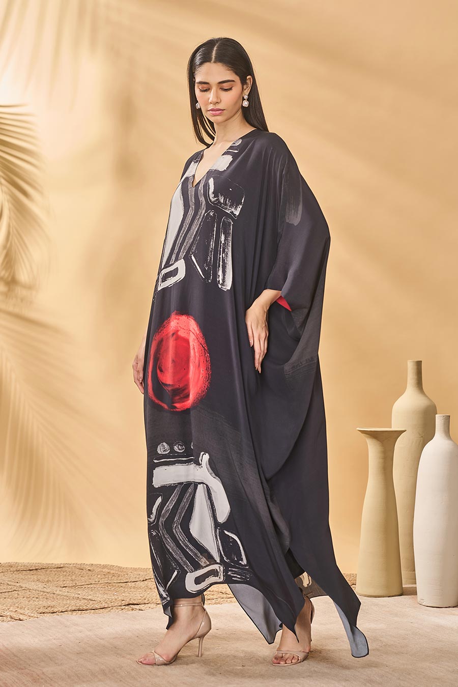 Dark Noise Printed Black Kaftan With Slip