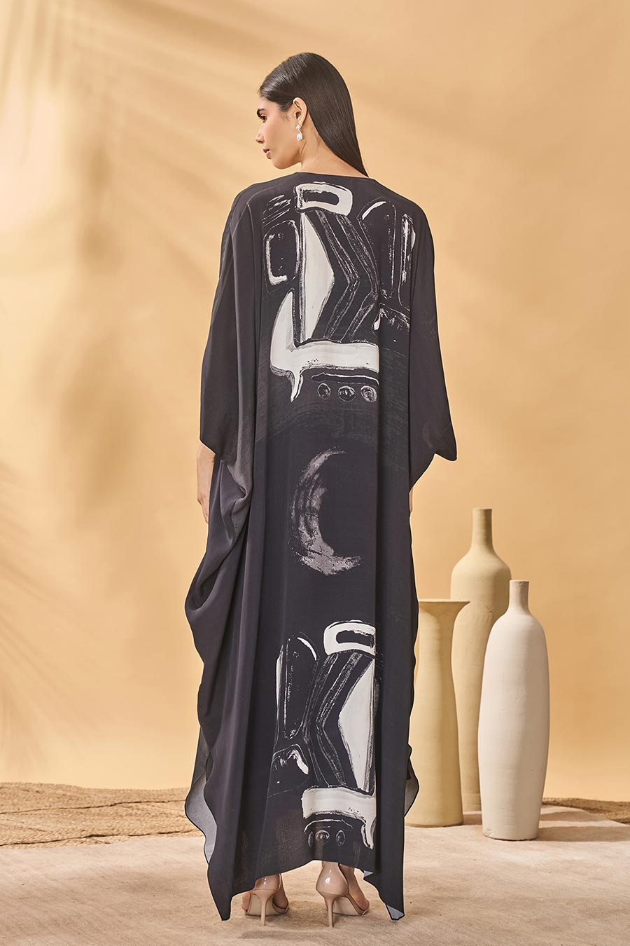 Dark Noise Printed Black Kaftan With Slip