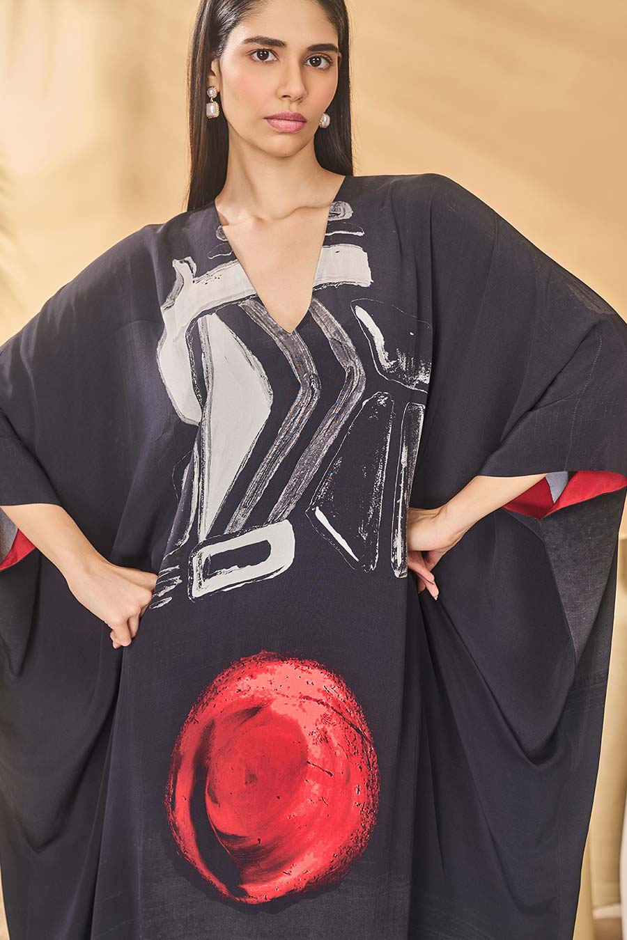 Dark Noise Printed Black Kaftan With Slip
