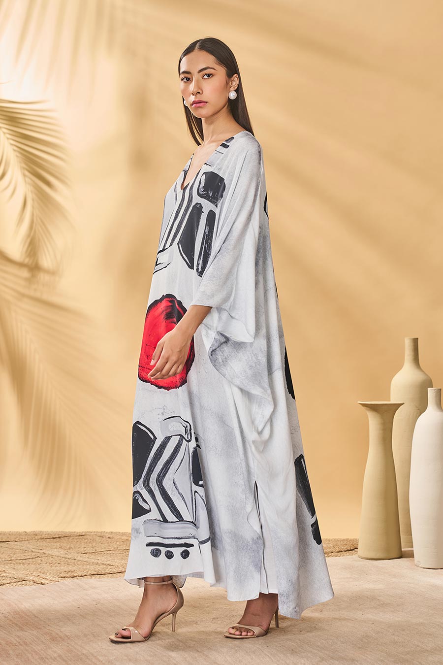 White Noise Printed Kaftan With Slip