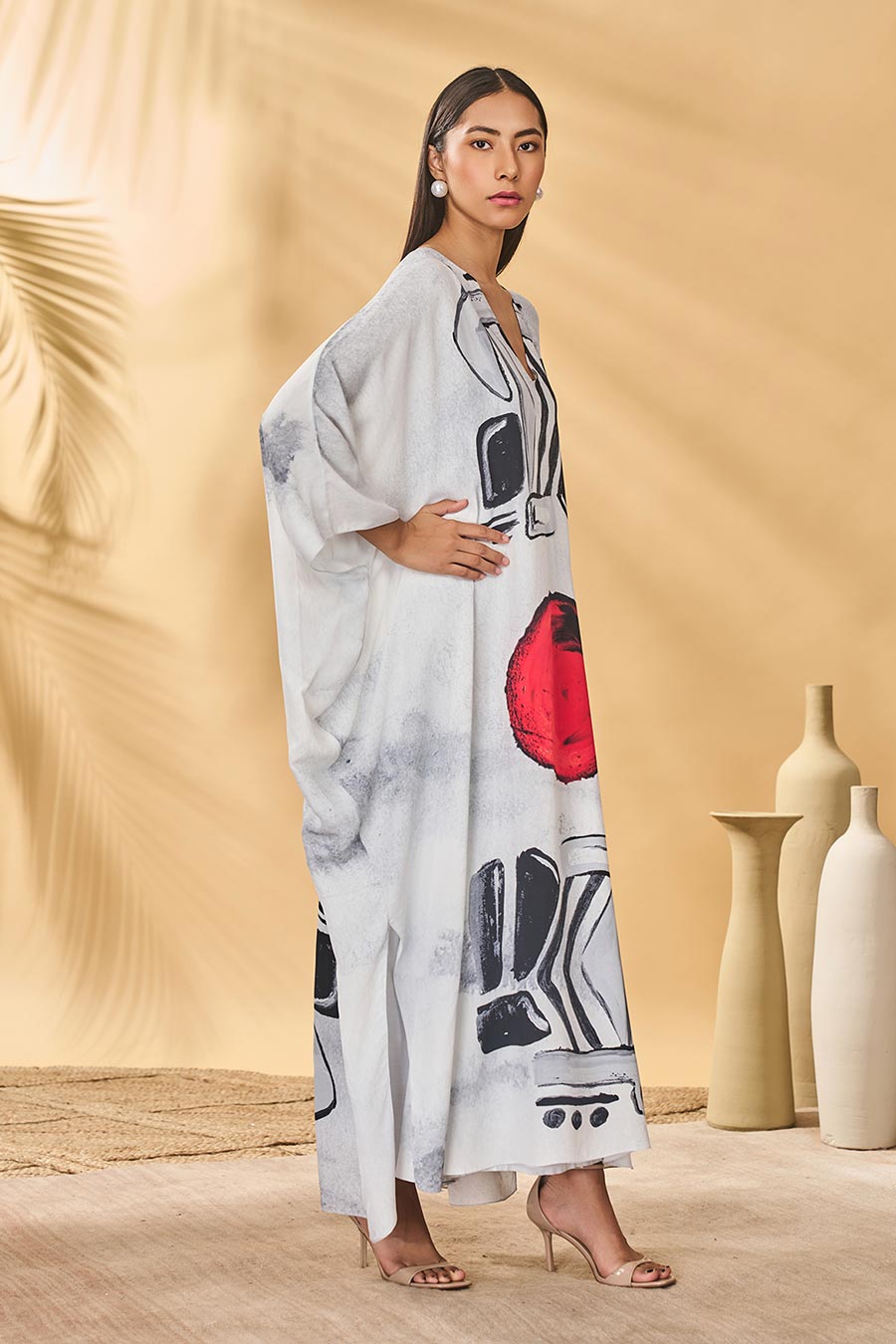 White Noise Printed Kaftan With Slip