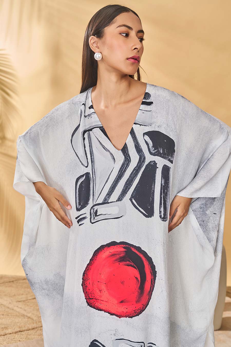 White Noise Printed Kaftan With Slip