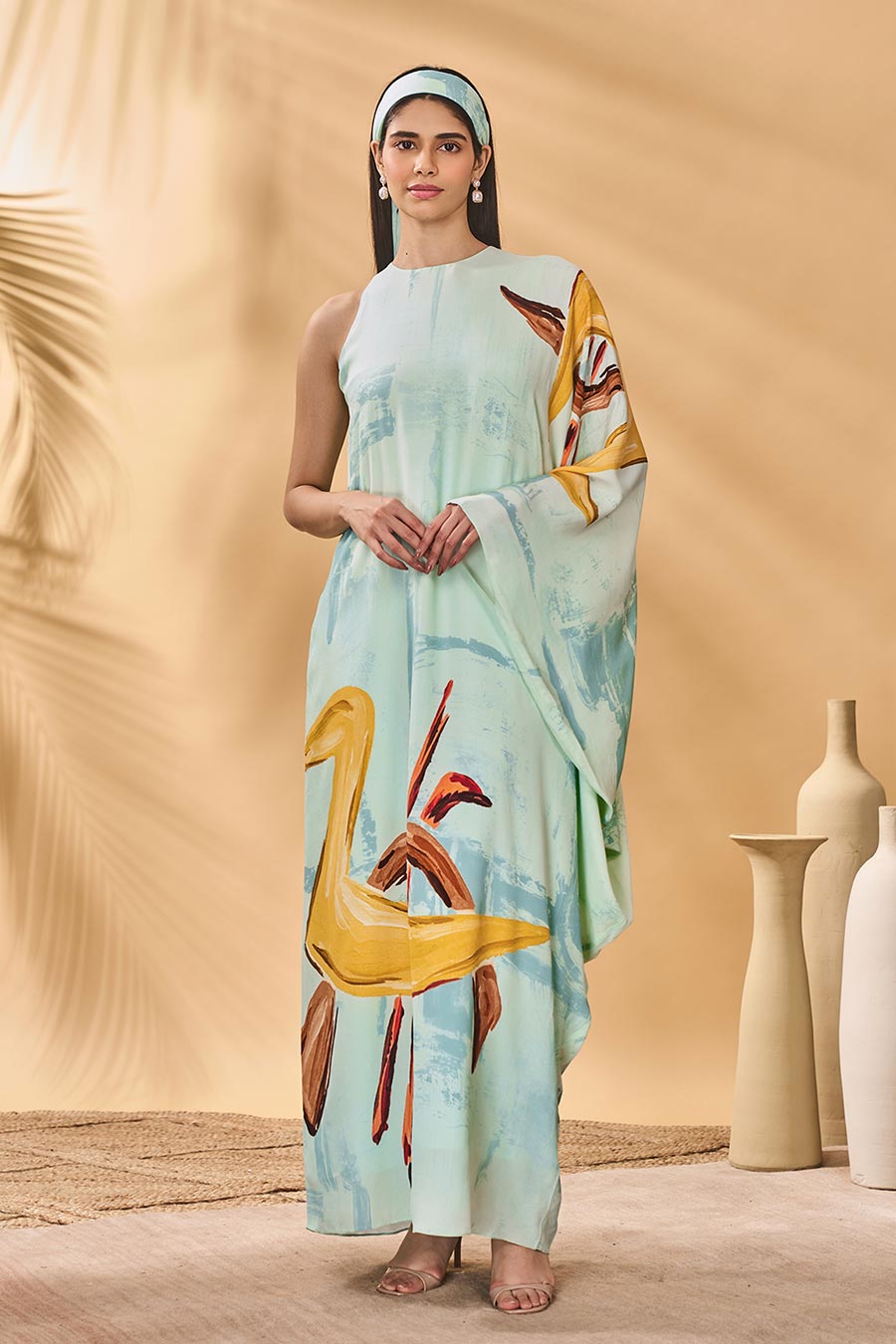 Blue Feathered Asymmetrical Printed Kaftan