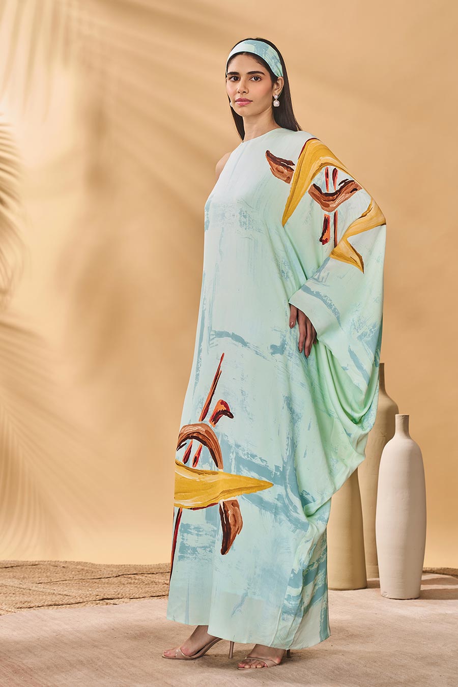 Blue Feathered Asymmetrical Printed Kaftan