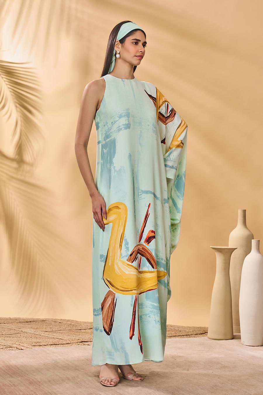 Blue Feathered Asymmetrical Printed Kaftan