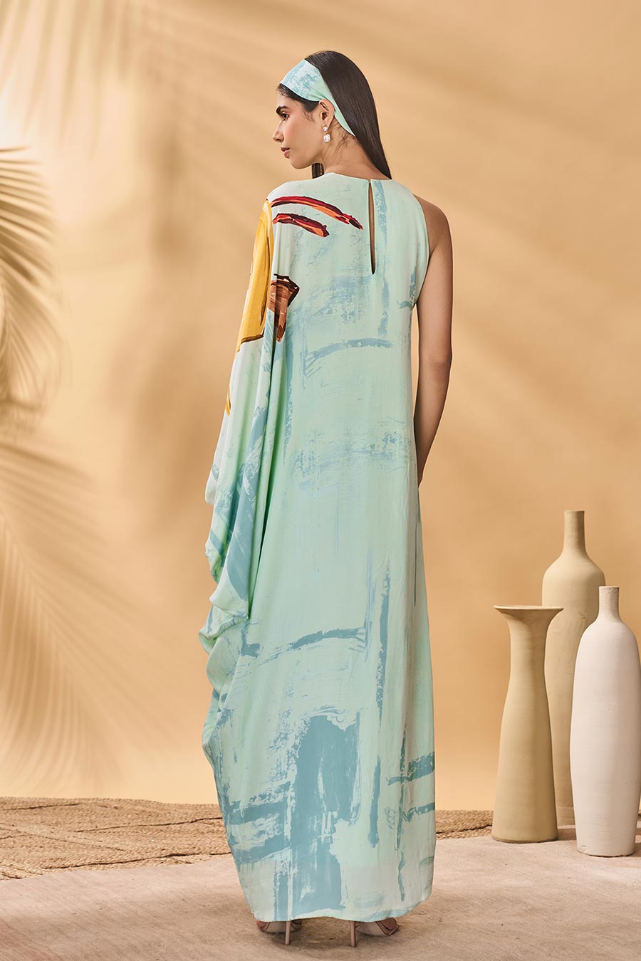 Blue Feathered Asymmetrical Printed Kaftan