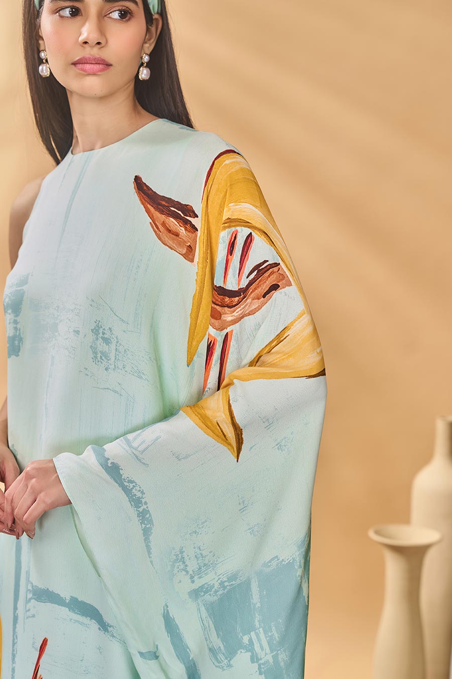 Blue Feathered Asymmetrical Printed Kaftan