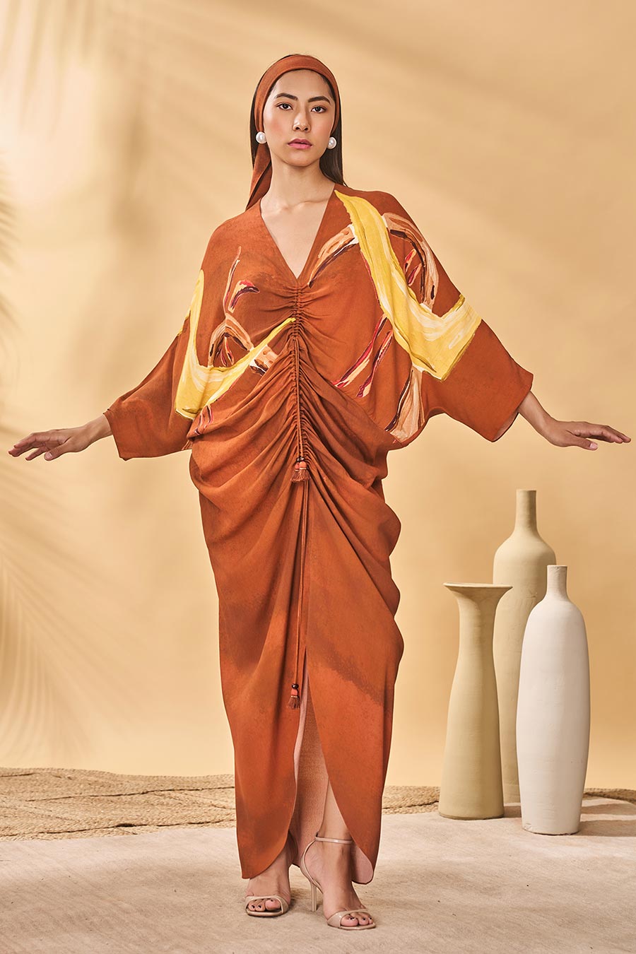 Brown Feathered Printed Cinched Kaftan Dress