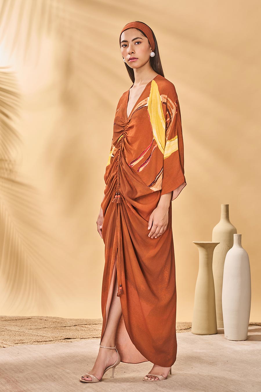 Brown Feathered Printed Cinched Kaftan Dress