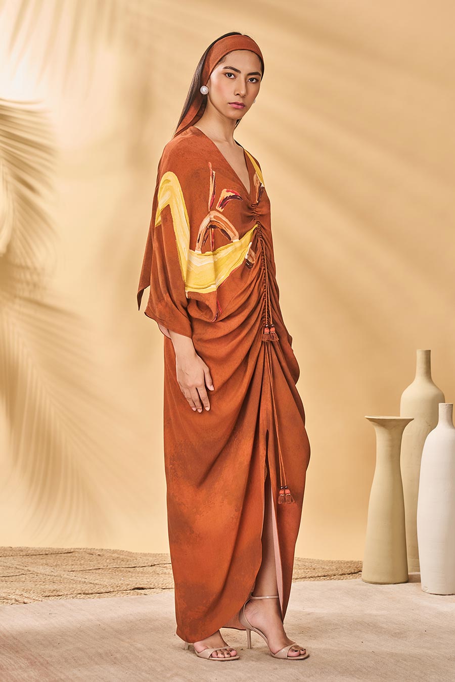 Brown Feathered Printed Cinched Kaftan Dress