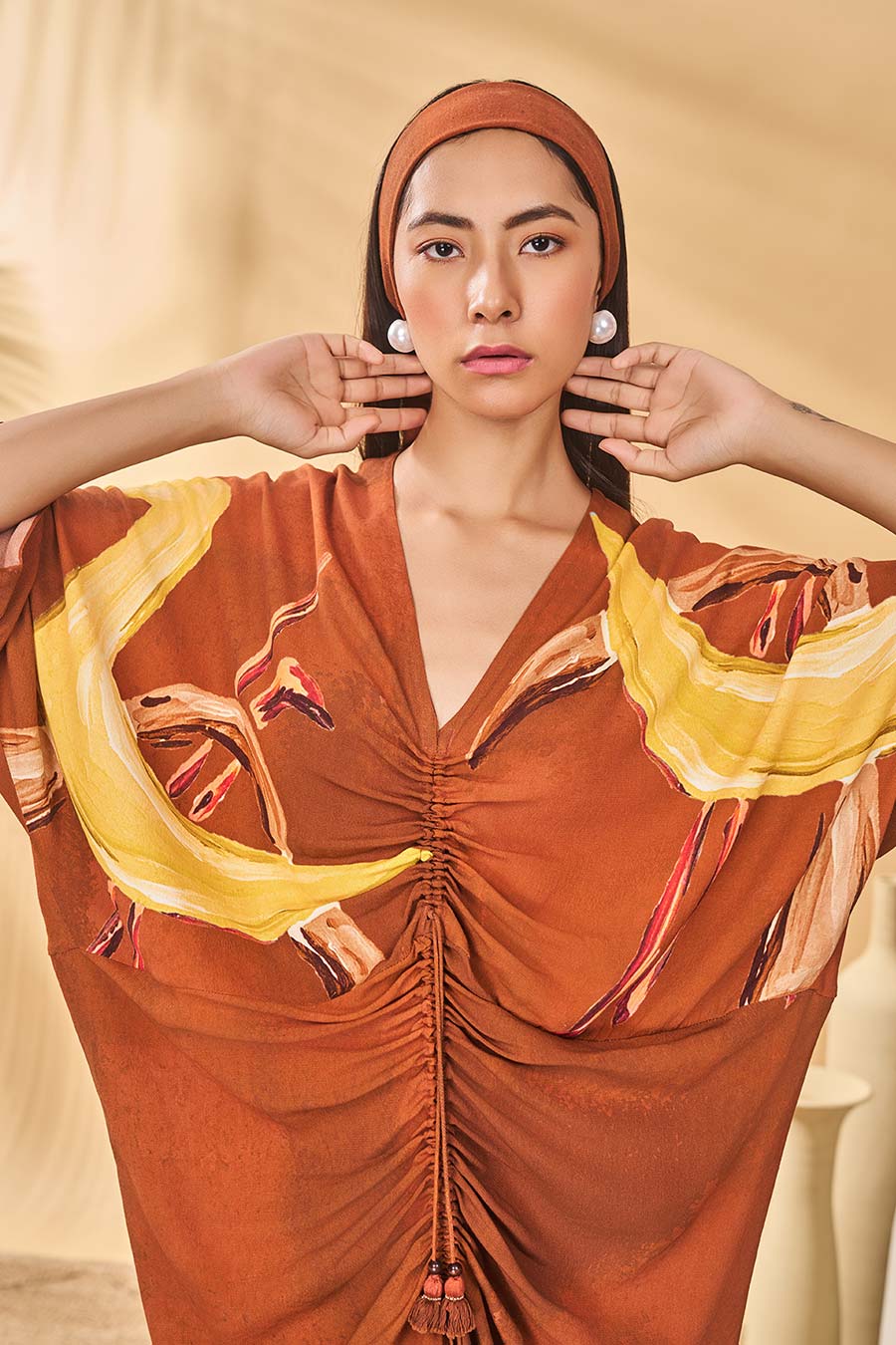 Brown Feathered Printed Cinched Kaftan Dress