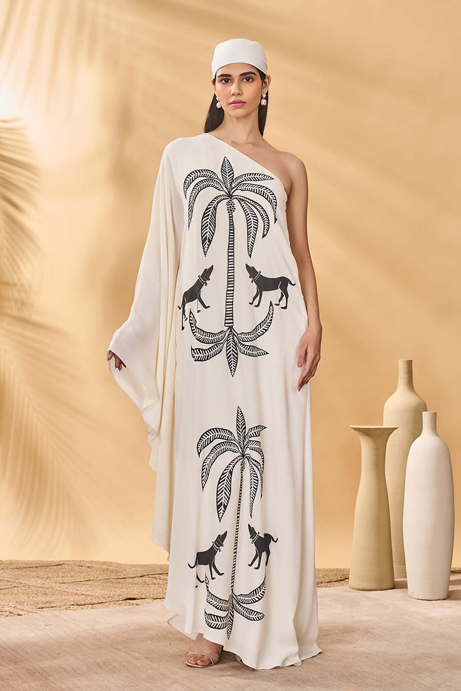 Ivory Paw-Tree Printed One-Shoulder Kaftan Dress