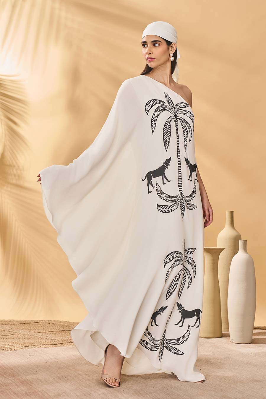 Ivory Paw-Tree Printed One-Shoulder Kaftan Dress
