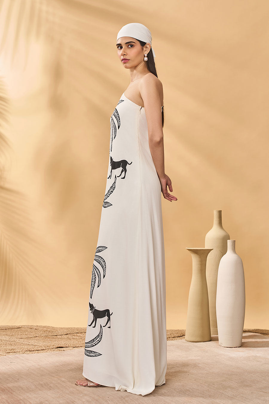 Ivory Paw-Tree Printed One-Shoulder Kaftan Dress