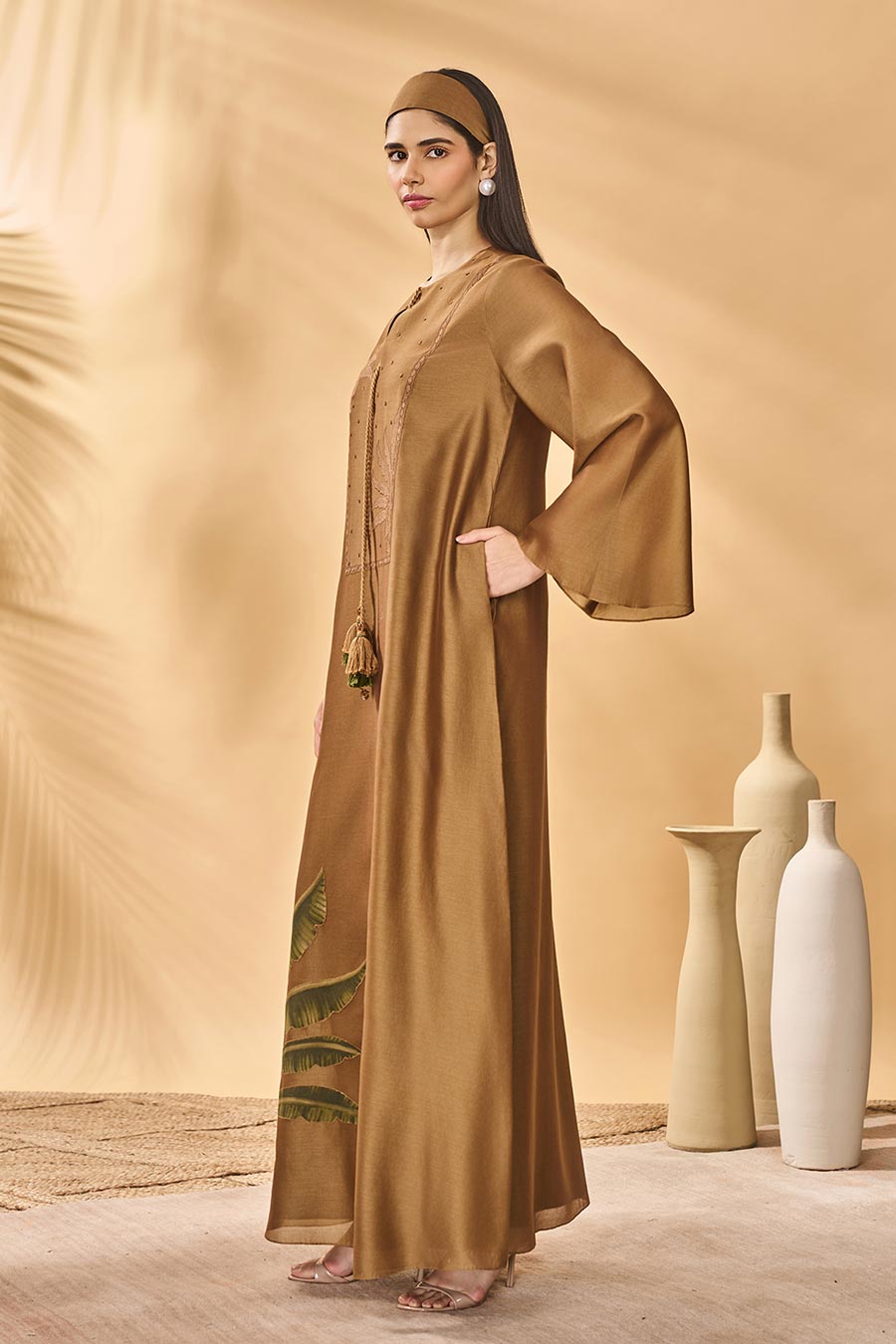 Tan Trellis Palm Printed Kaftan Dress