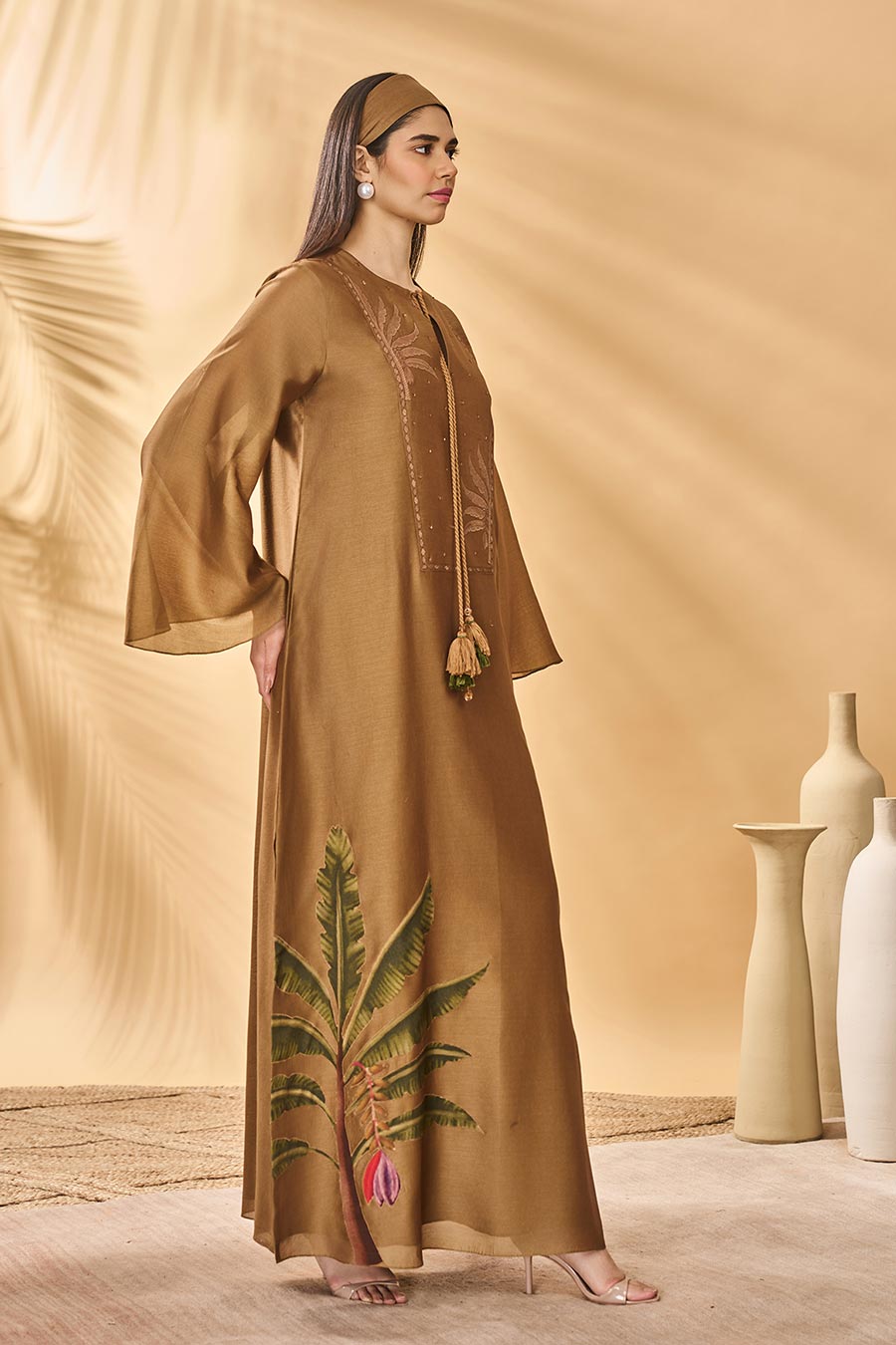 Tan Trellis Palm Printed Kaftan Dress