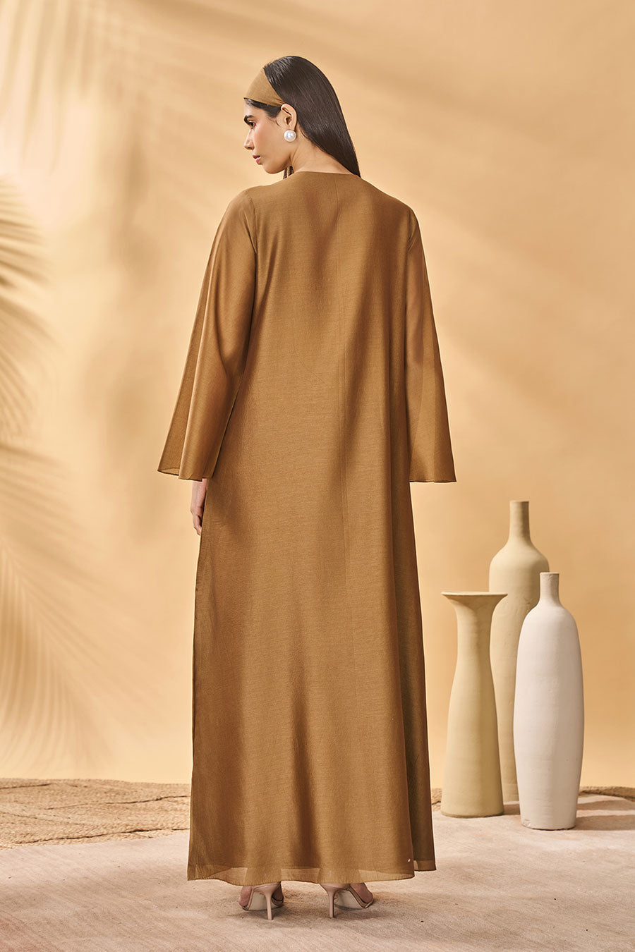 Tan Trellis Palm Printed Kaftan Dress