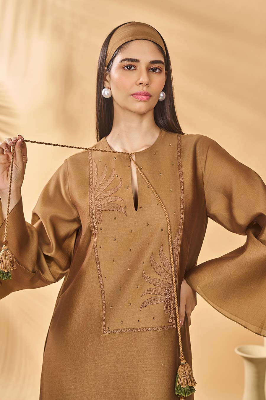 Tan Trellis Palm Printed Kaftan Dress