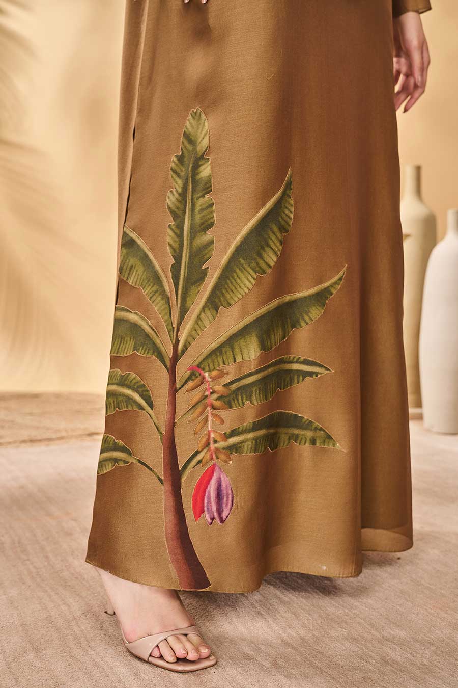 Tan Trellis Palm Printed Kaftan Dress