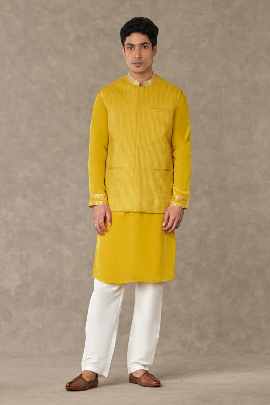 Yellow Embellished Kurta Set With Jacket