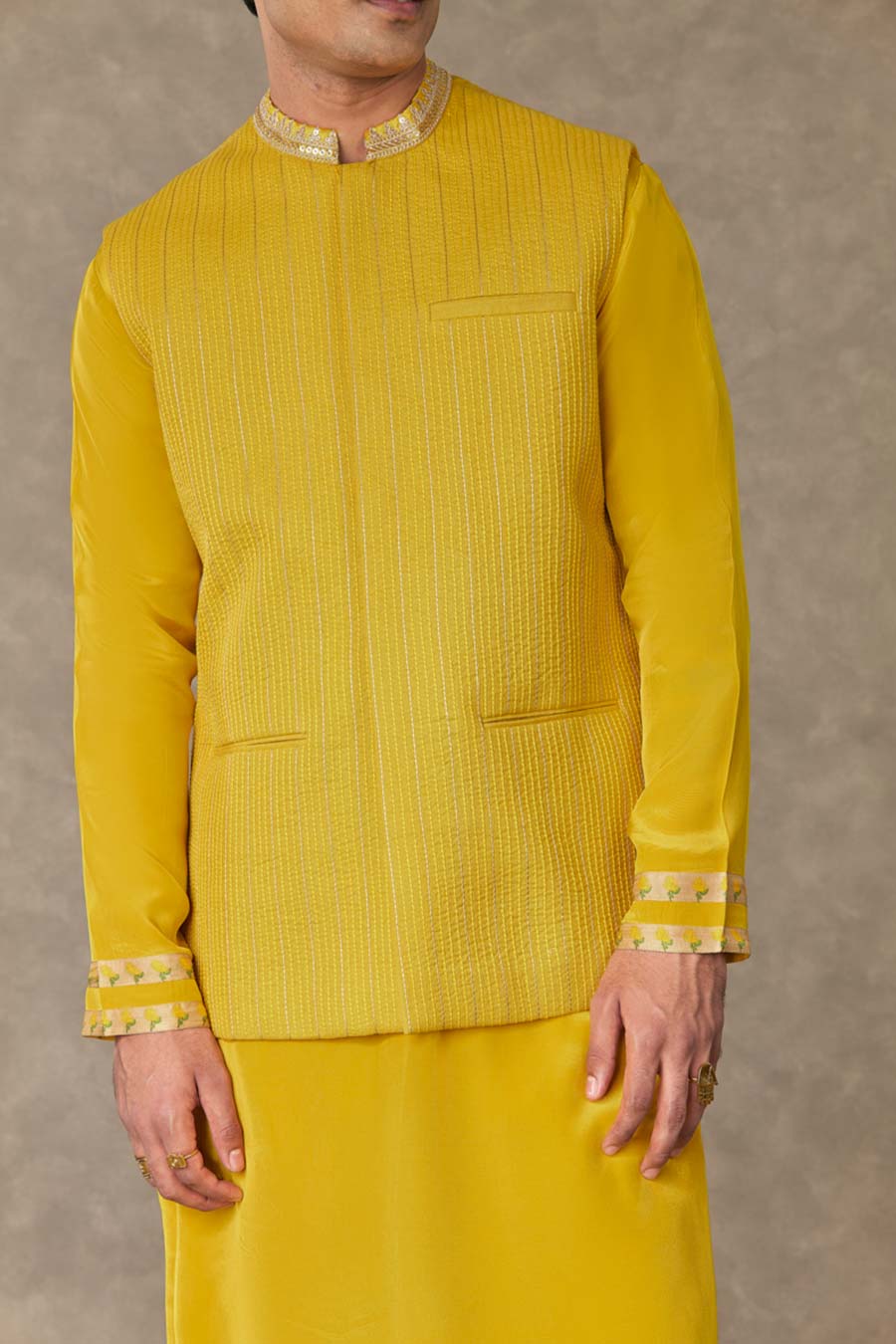 Yellow Embellished Kurta Set With Jacket