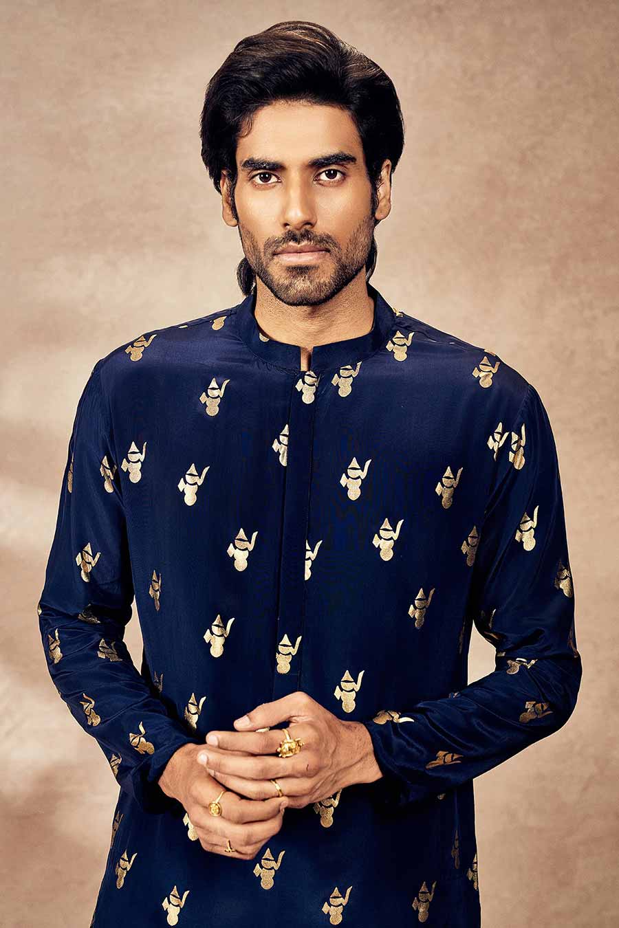 Blue Ganesha Foil Printed Kurta Set