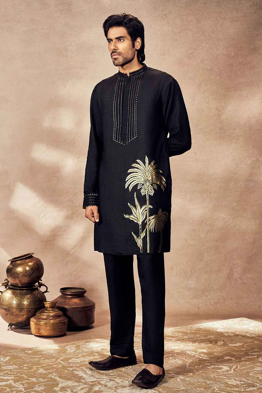 Black Palm Blooms Printed Kurta Set