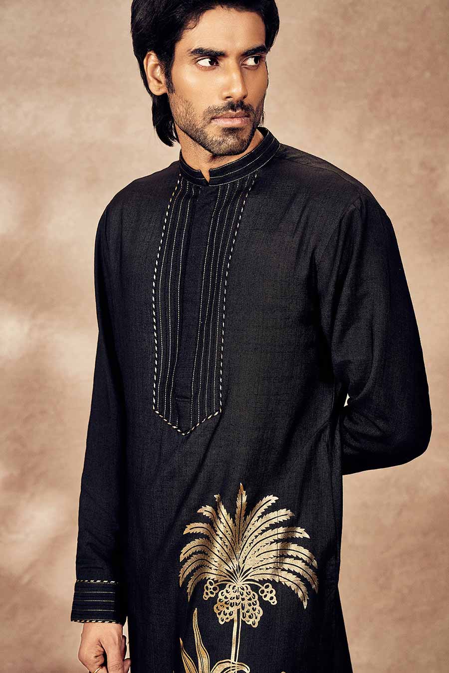 Black Palm Blooms Printed Kurta Set