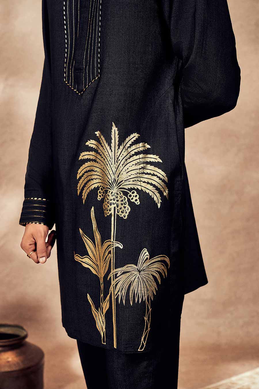 Black Palm Blooms Printed Kurta Set