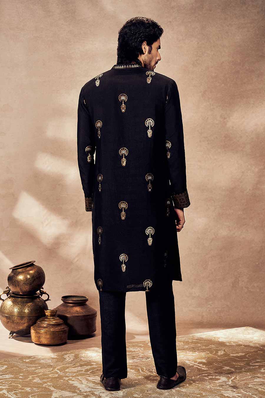 Black Jacquard Traveller's Palm Printed Kurta
