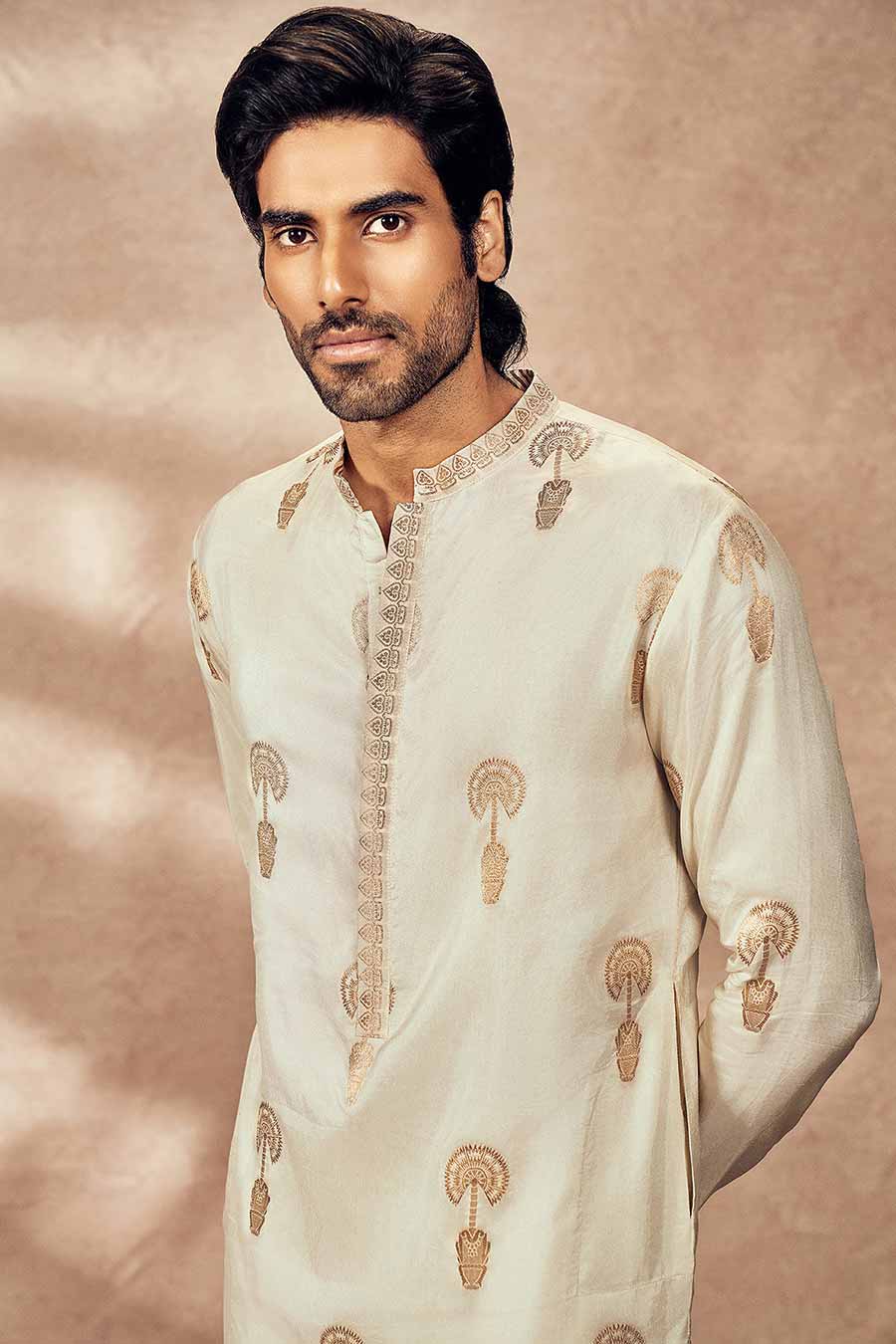 Ivory Jacquard Traveller's Palm Printed Kurta