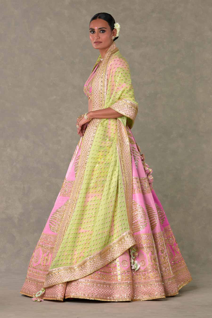Pink Paan-Patti Lehenga Set With Double Dupatta