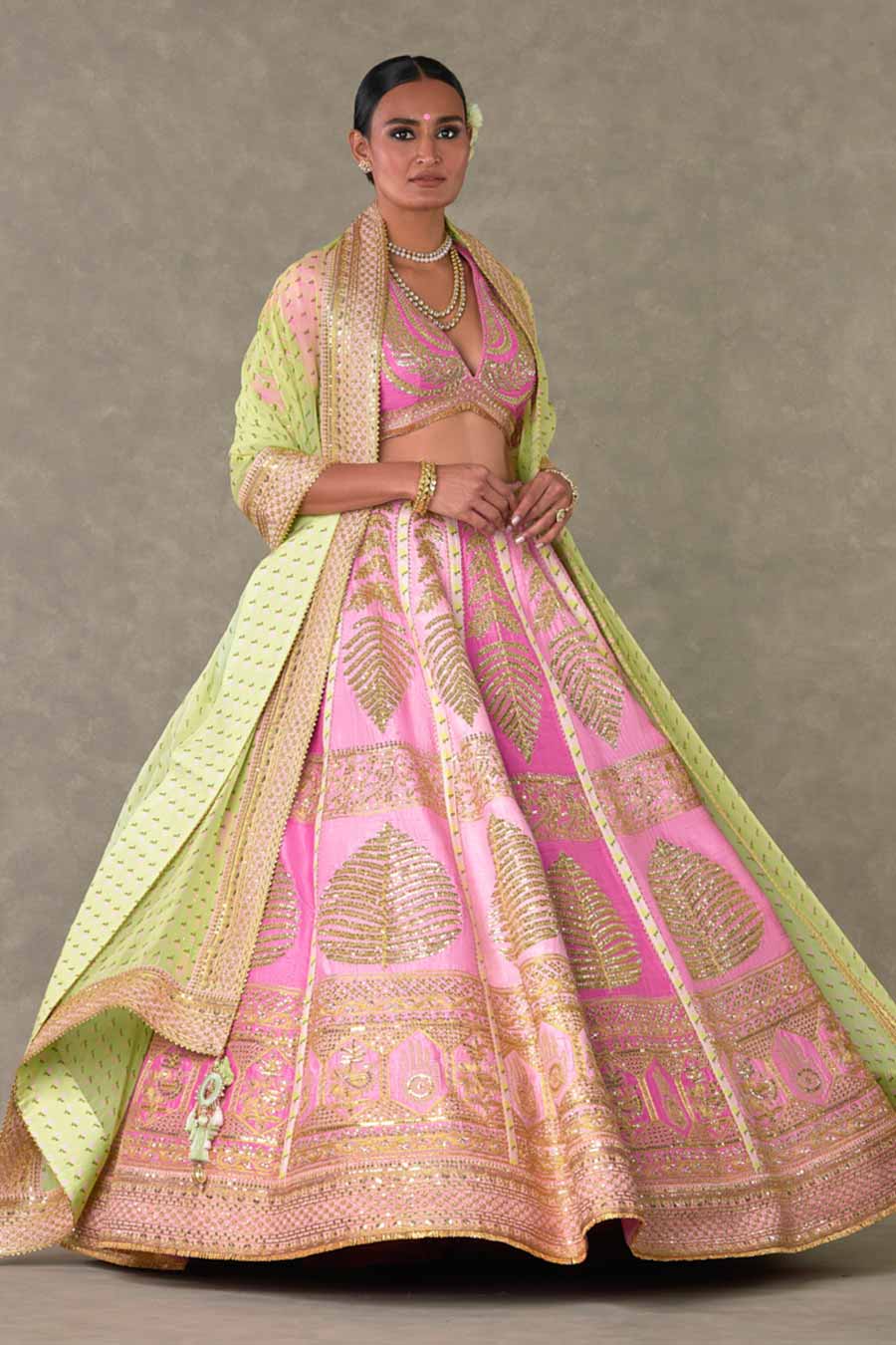 Pink Paan-Patti Lehenga Set With Double Dupatta