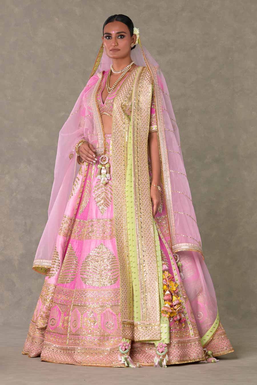 Pink Paan-Patti Lehenga Set With Double Dupatta