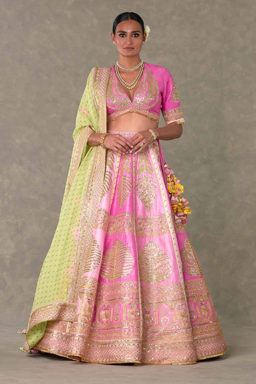 Pink Paan-Patti Lehenga Set With Double Dupatta