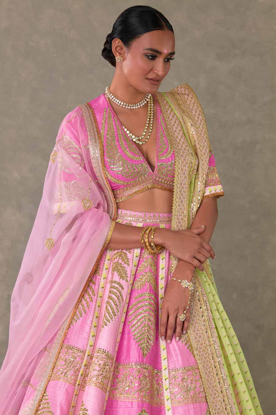 Pink Paan-Patti Lehenga Set With Double Dupatta