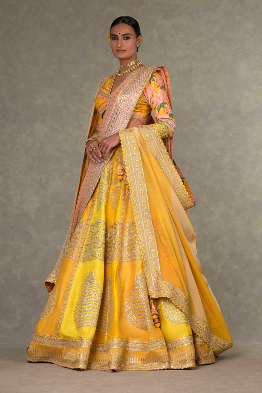 Yellow Paan-Patti Embroidered Lehenga Set with Double Dupatta