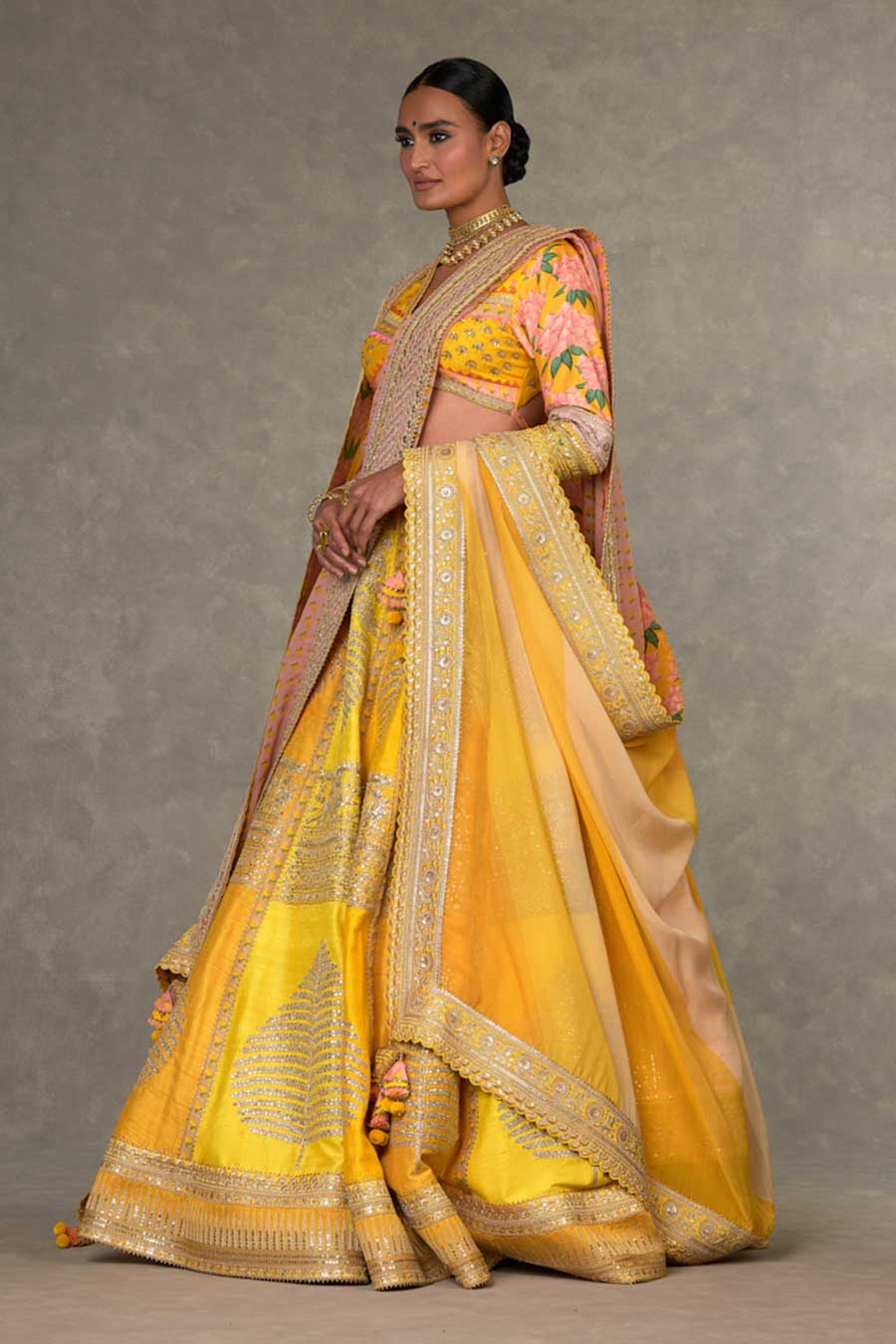 Yellow Paan-Patti Embroidered Lehenga Set with Double Dupatta