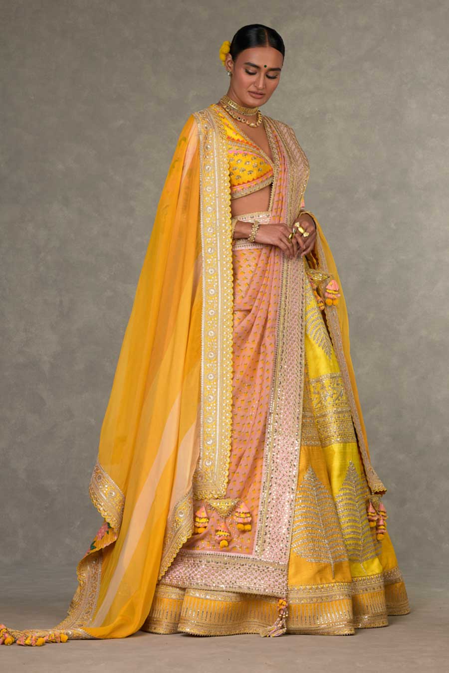 Yellow Paan-Patti Embroidered Lehenga Set with Double Dupatta