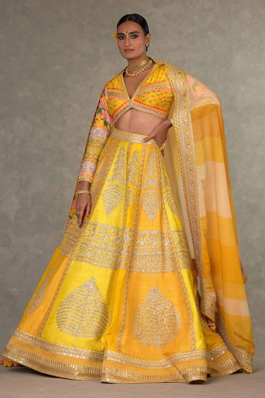 Yellow Paan-Patti Embroidered Lehenga Set with Double Dupatta