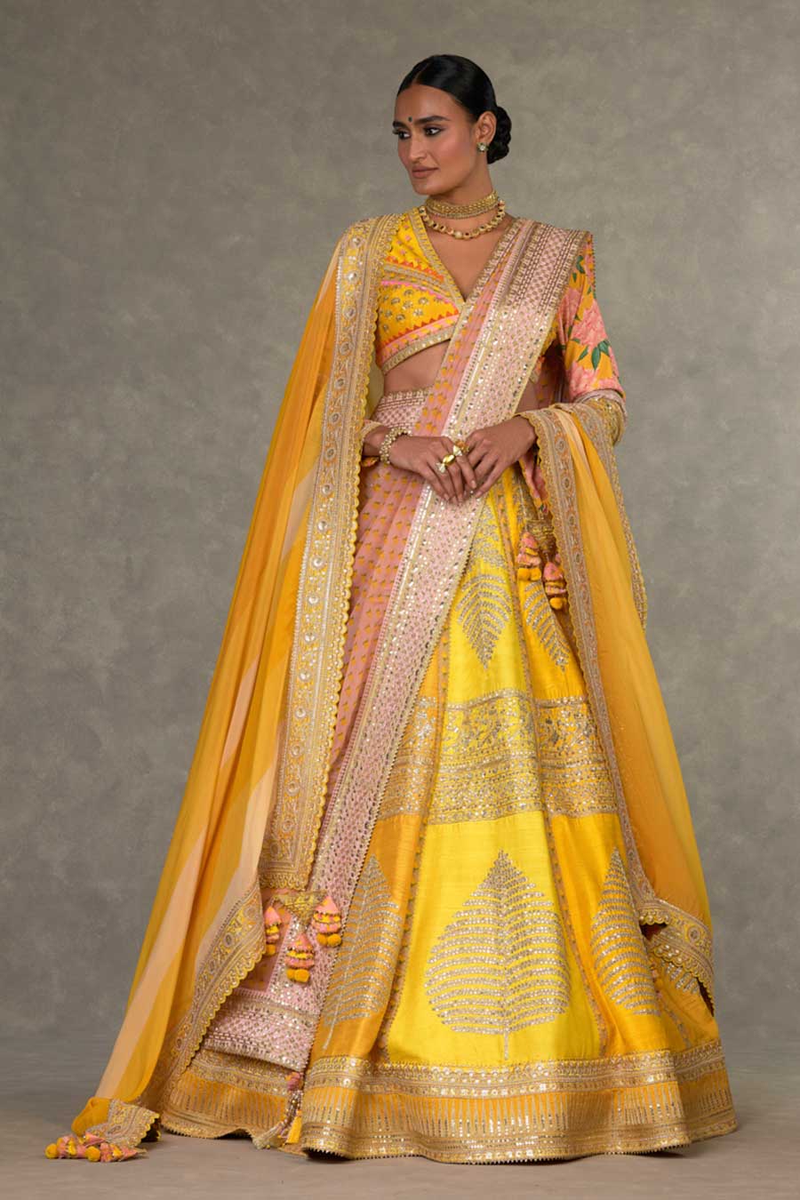 Yellow Paan-Patti Embroidered Lehenga Set with Double Dupatta