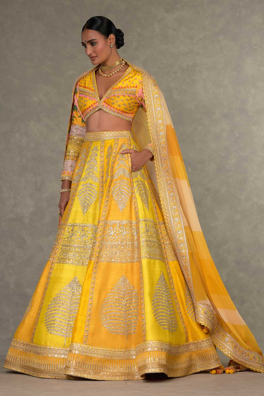 Yellow Paan-Patti Embroidered Lehenga Set with Double Dupatta