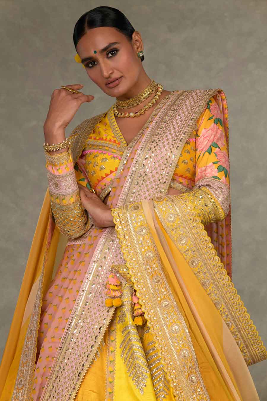 Yellow Paan-Patti Embroidered Lehenga Set with Double Dupatta