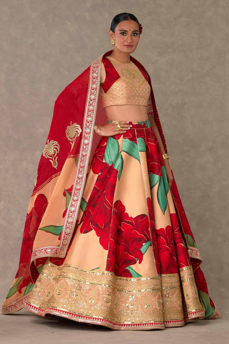 Salmon Candy Swirl Print Embroidered Lehenga Set