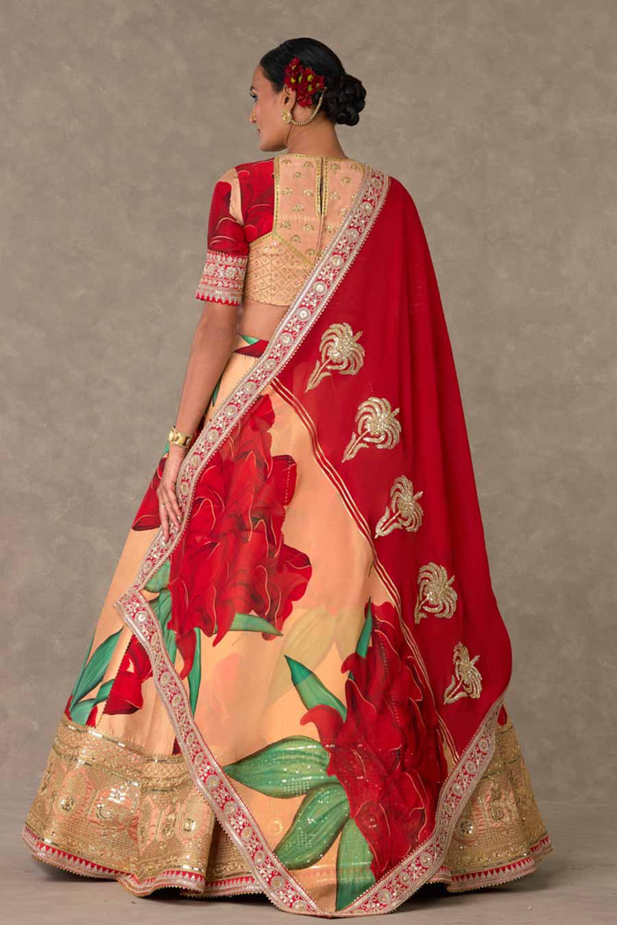Salmon Candy Swirl Print Embroidered Lehenga Set