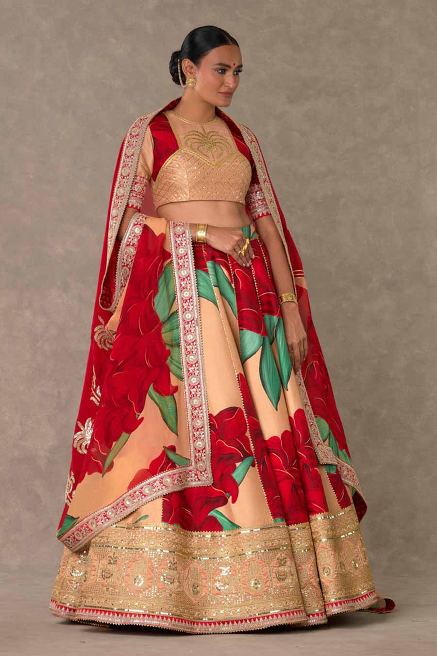 Salmon Candy Swirl Print Embroidered Lehenga Set